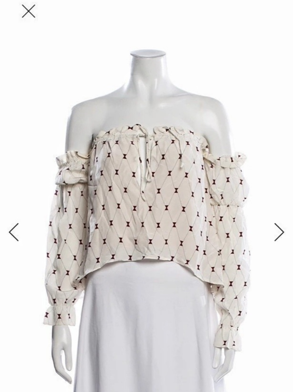 Stone Cold Fix Women's Off-Shoulder Silk Geometric Blouse in White & burgundy XS